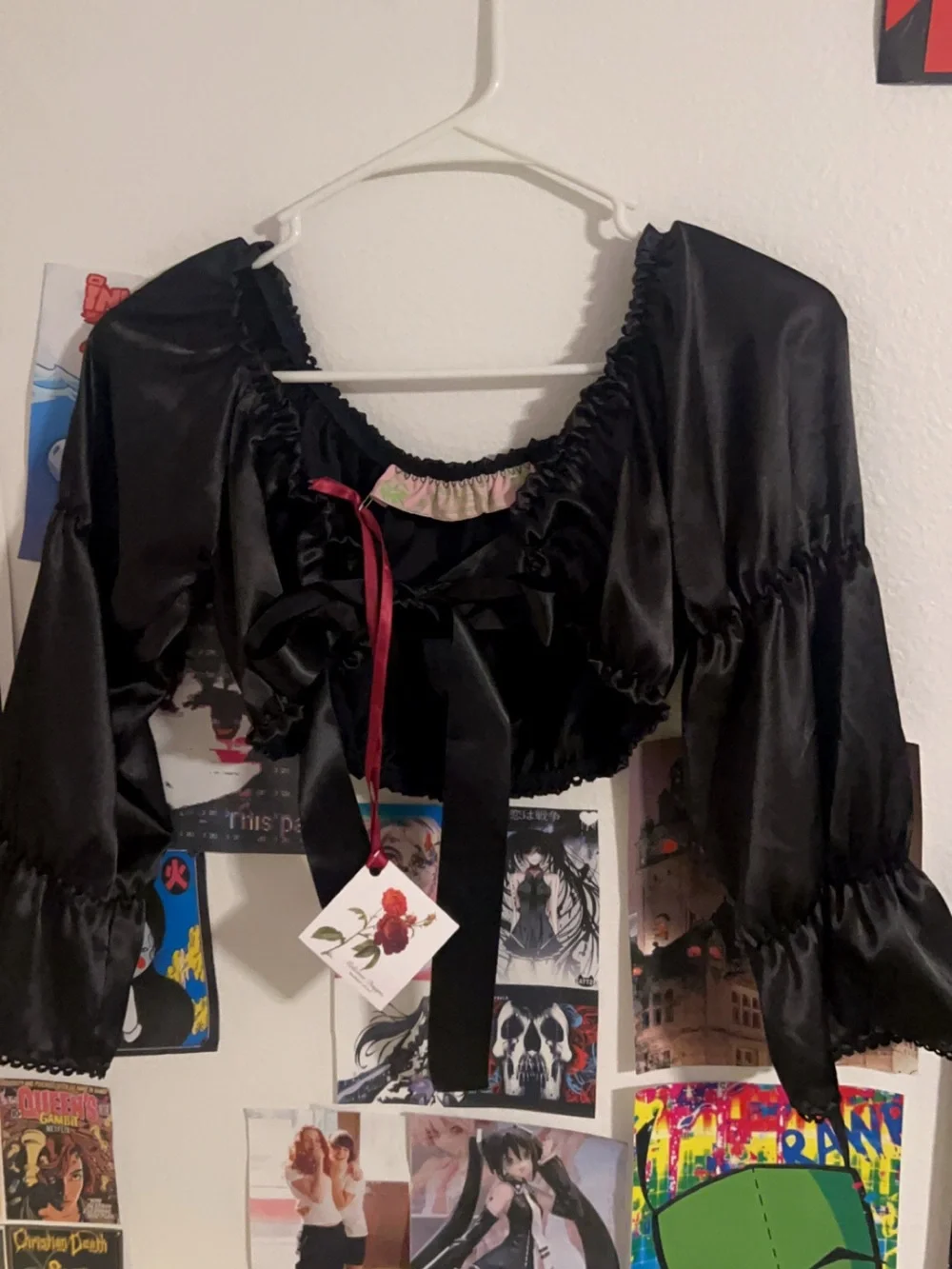 Black Satin Peasant Crop Top with Ribbon Tie
